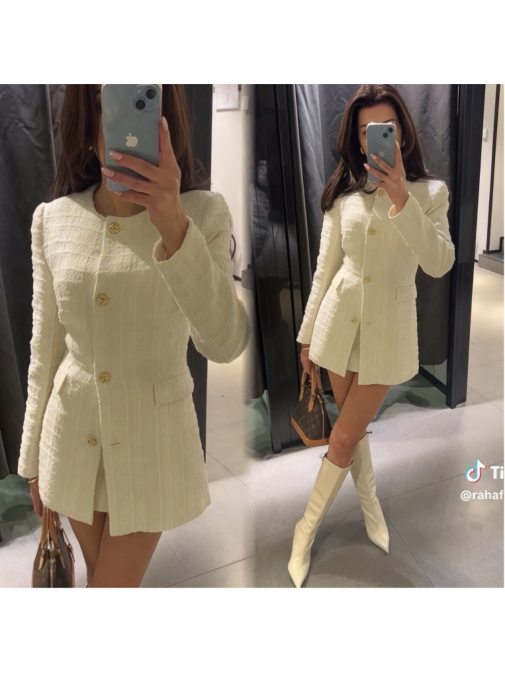 Zara Tweed Bouclé Blazer Jacket Ivory Cream Longline Gold Buttons Size S - Picture 1 of 12